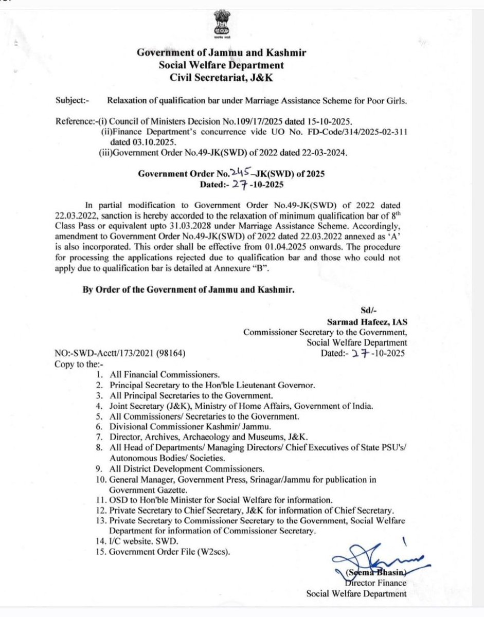 J&amp;K Govt simplifies Marriage Assistance Scheme!
Minimum education requirement removed ,now every eligible girl can benefit from financial aid for marriage.
A step towards empowerment and inclusivity.