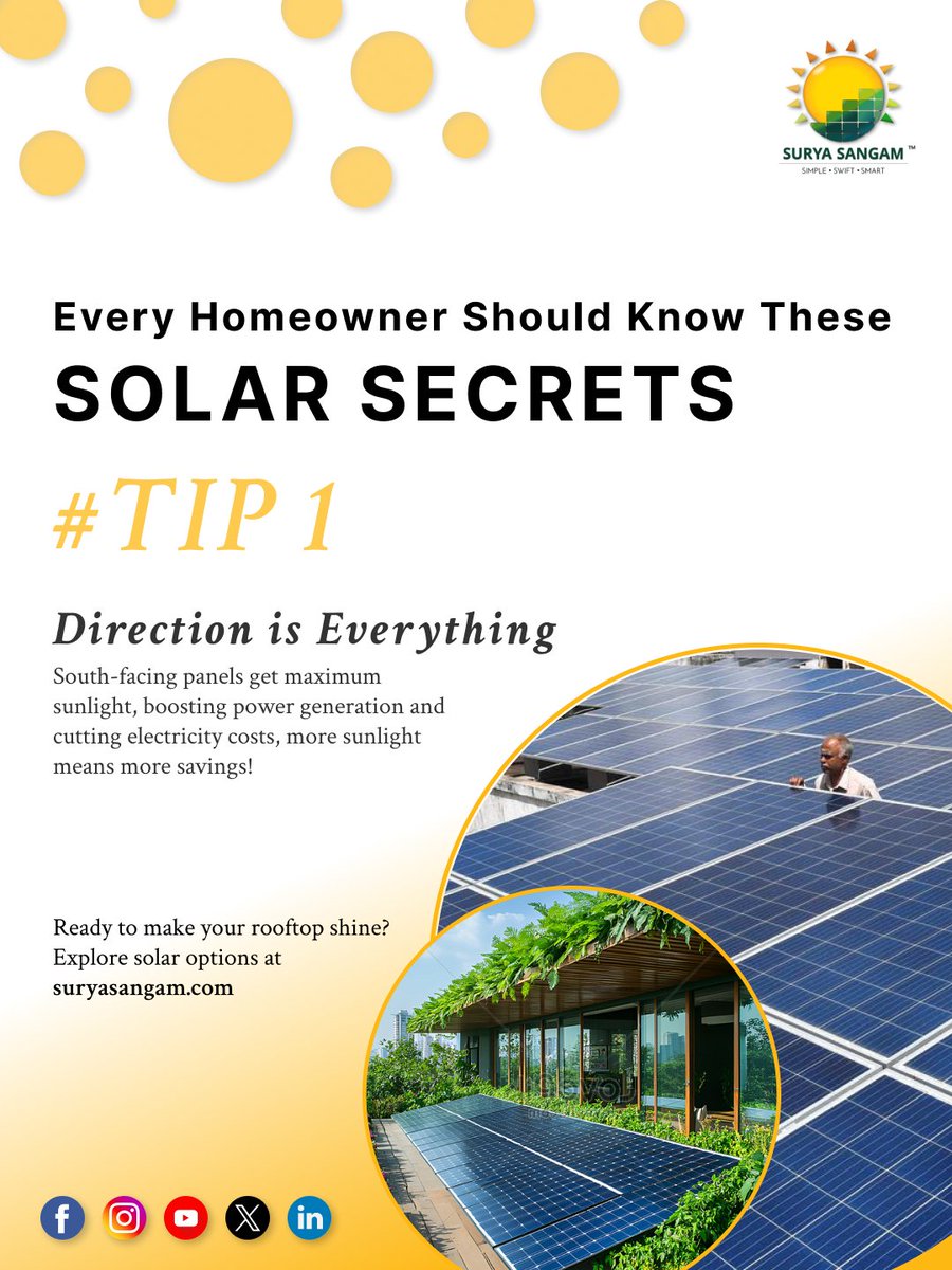 SuryaSangam_'s tweet image. ☀️ Solar Secret #1: Direction is Everything!
South-facing panels = more sunlight = more savings!
Ghaziabad homeowners - get the most from your rooftop with smart solar setup.
🔗 suryasangam.com

#SolarTips #Ghaziabad #SolarSavings #SuryaSangam #CleanEnergy #SolarPower