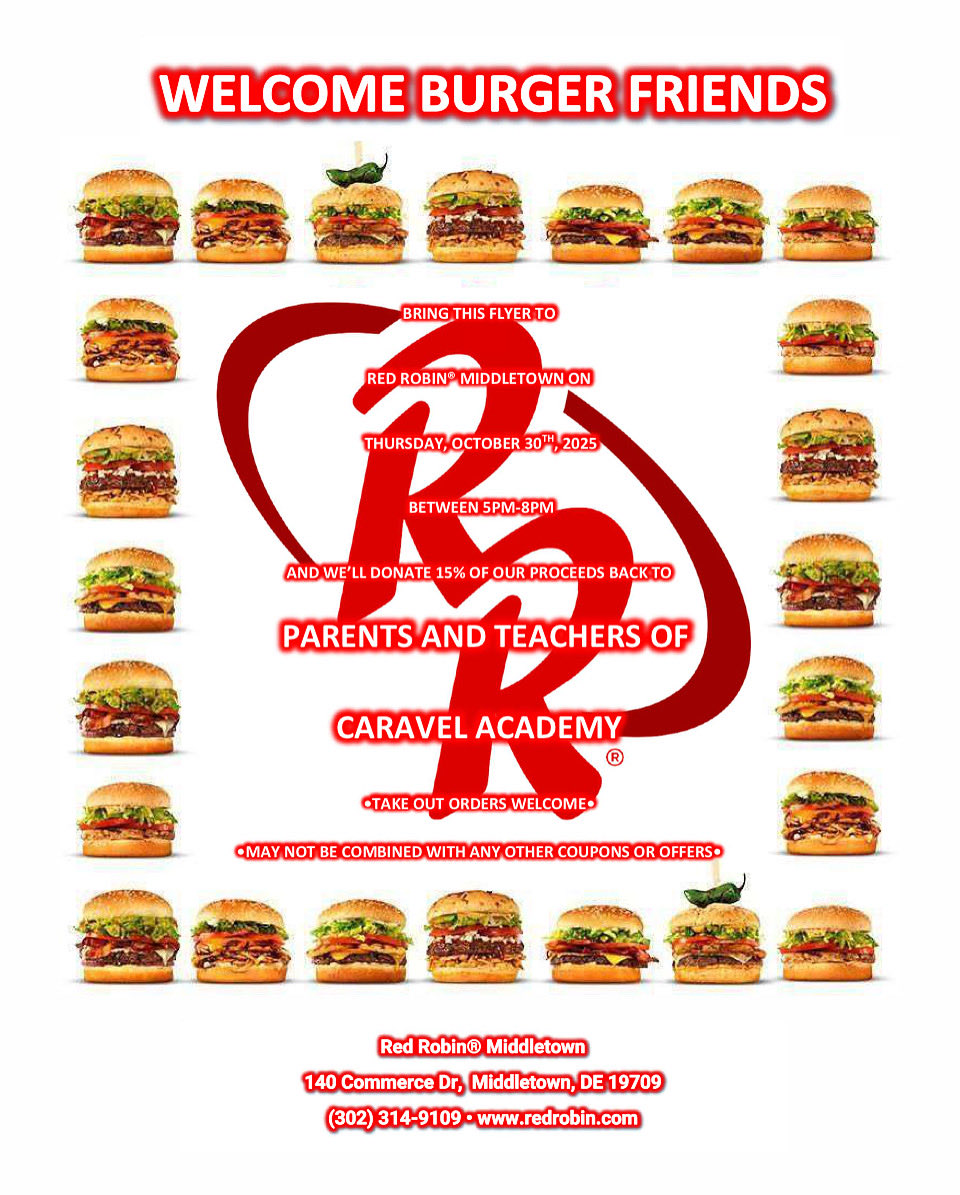 CaravelAcademy's tweet image. Join us at the Middletown Red Robin on Thursday, October 30th between 5pm-8pm!  The Caravel PTC will receive 15% of the proceeds from our purchases.  Bring this flyer with you; take out orders welcome.  

#caravelacademy #caravelfamily #caravelptc #caravelredrobinnight