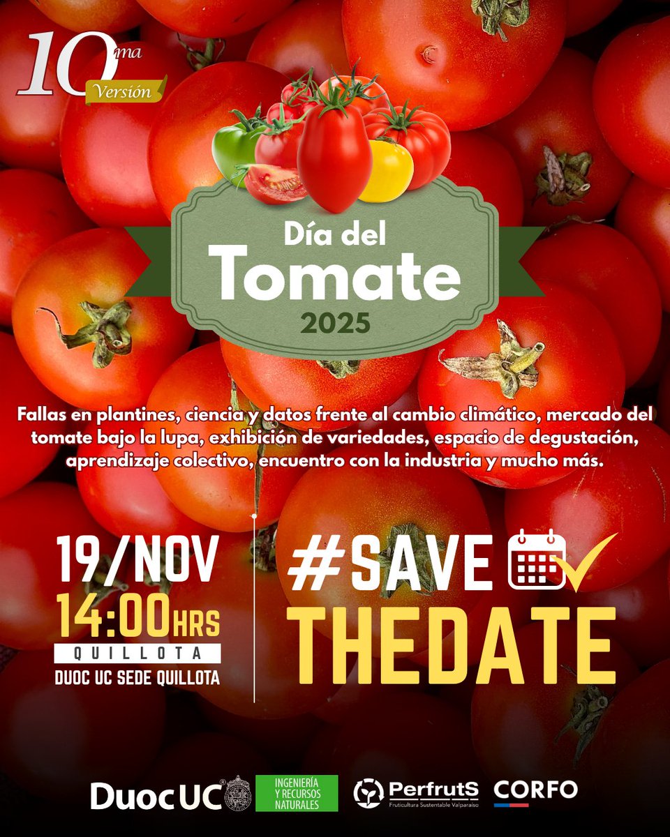 🍅 #SaveTheDate | ¡Los invitamos a ser parte del Día del Tomate 2025!

📅 19 de noviembre
🕓 14:00 horas
📍 Duoc UC, sede Quillota

¡Sé parte de esta jornada que impulsa una producción más eficiente, innovadora y sostenible!

Pronto más información

#DíaDelTomate2025