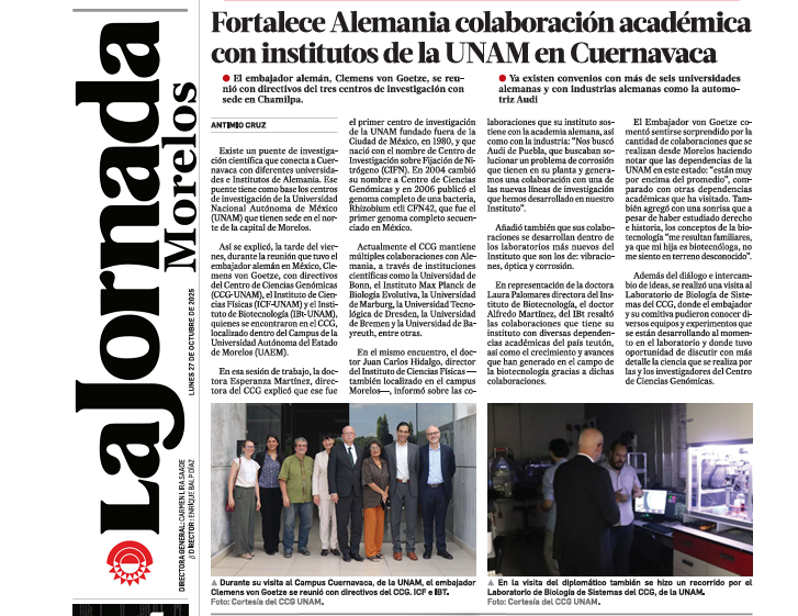 Embajador de Alemania, Clemens von Goetze, visitó el Campus de la UNAM en Cuernavaca. Se reunió con directivos del Centro de Ciencias Genómicas y los Institutos de Ciencias Físicas y Biotecnología <a href="/AlemaniaMexi/">Embajada Alemana en México</a> <a href="/ccg_unam/">CCG UNAM</a> <a href="/ibt_unam/">Instituto de Biotecnología UNAM</a> <a href="/icf_unam/">ICF-UNAM</a> <a href="/MorelosJornada/">La Jornada Morelos</a> lajornadamorelos.mx/sociedad/forta…