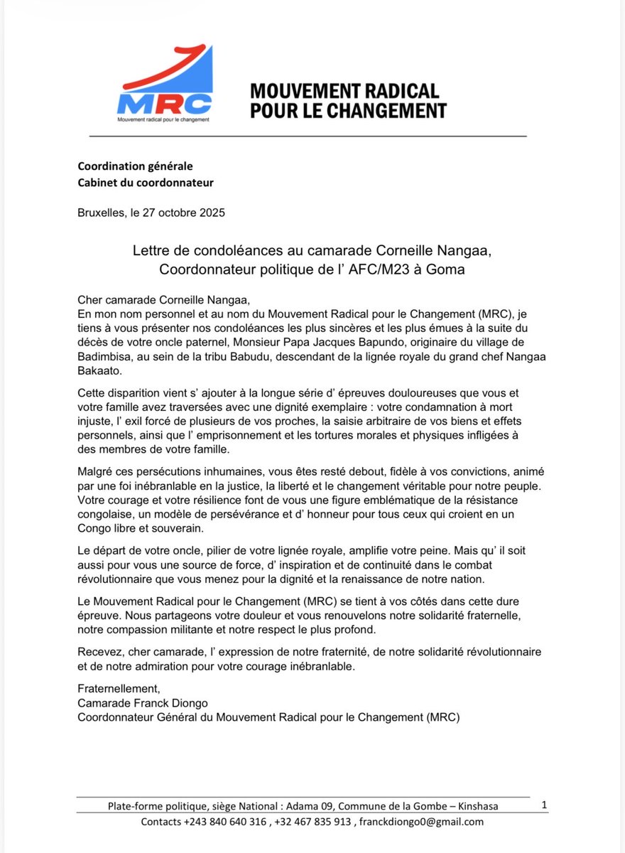 J’exprime toute ma compassion au camarade Corneille Nangaa, Coordonnateur politique de l’AFC/M23 à Goma, suite au décès de son oncle paternel, M. Jacques Bapundo. Que sa famille trouve force et réconfort. Fraternité et solidarité en ces moments douloureux.