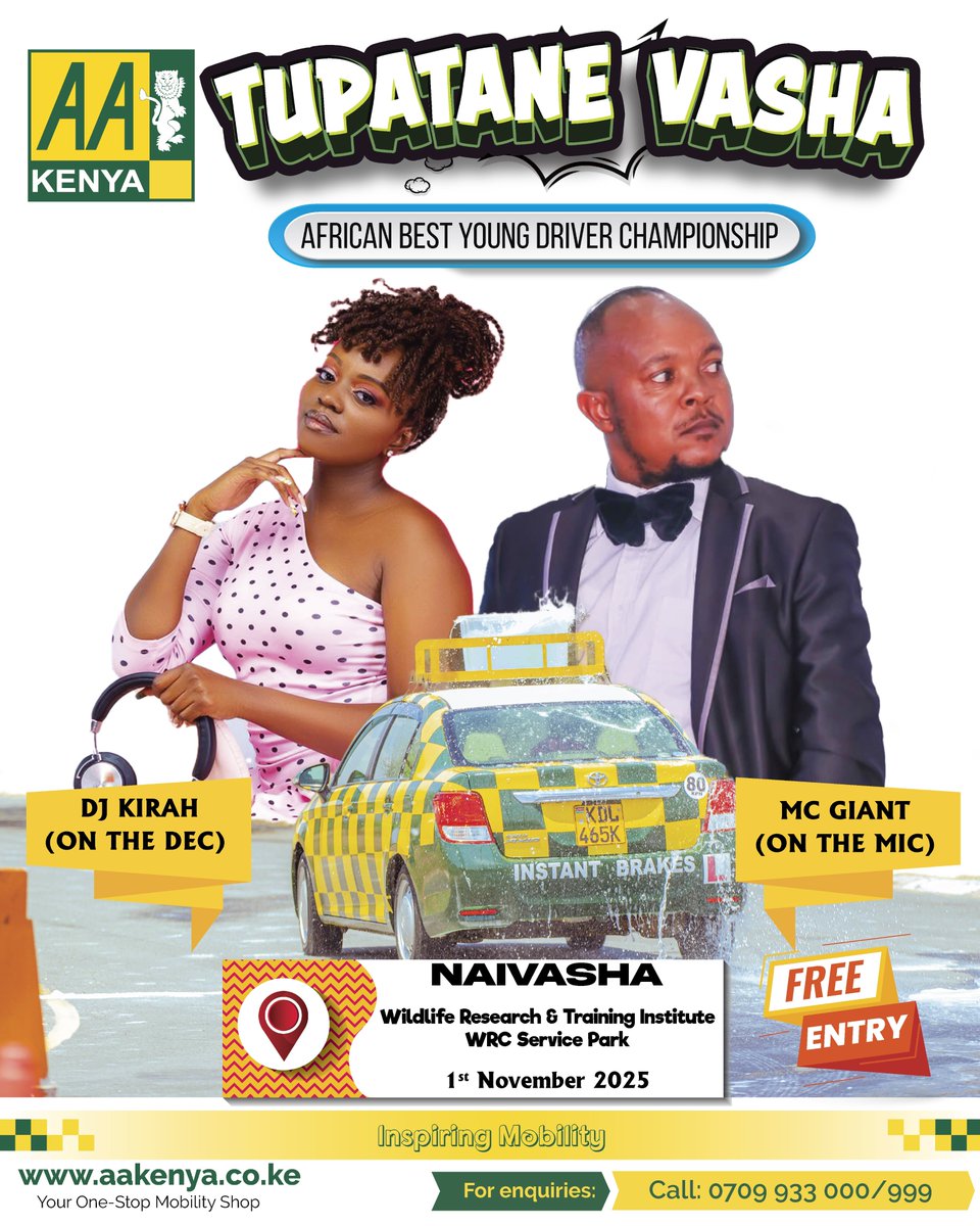 Vasha tunakuja full throttle this weekend! MC Giant &amp; DJ Kirah watakuwa site kutupatia vibes the whole day.
Kuja na mabeste zako tushangilie our Kenyan Drivers as they chase the African title at the African Best Young Driver Championship.
Venue: Naivasha, WRC Service Park