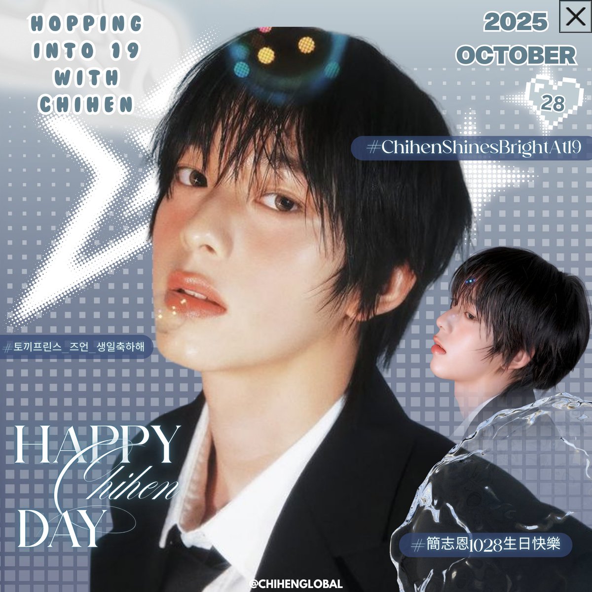 ChihenGlobal's tweet photo. Aungdans and AHOF supporters! 🐰

Chihen’s 19th birthday is here! Let’s fill the timeline with love and birthday wishes as we celebrate our bunny prince’s special day together.

Please avoid using emojis and numbers, except those in the tagline and hashtags!

HOPPING INTO 19 WITH CHIHEN
#ChihenShinesBrightAt19
#토끼프린스_즈언_생일축하해
#簡志恩1028生日快樂
#HappyChihenDay