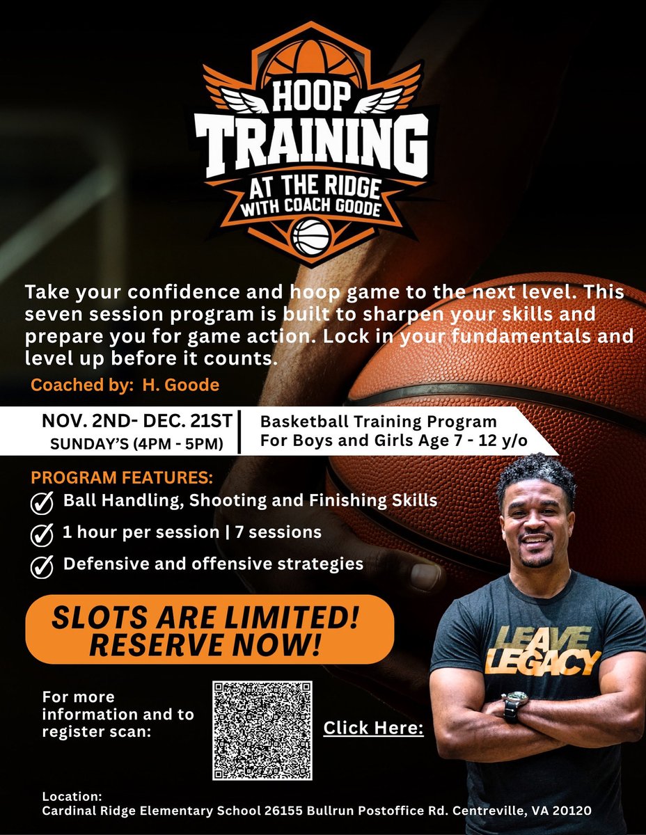 We have another inCREdible opportunity for Hoop Camp at the Ridge this school year! Mr. Goode is hosting this seven session basketball intensive at Cardinal Ridge on Sundays starting November 2nd. Follow the QR code to sign up! Space is limited! ❤️🏀⛹️⛹️‍♀️