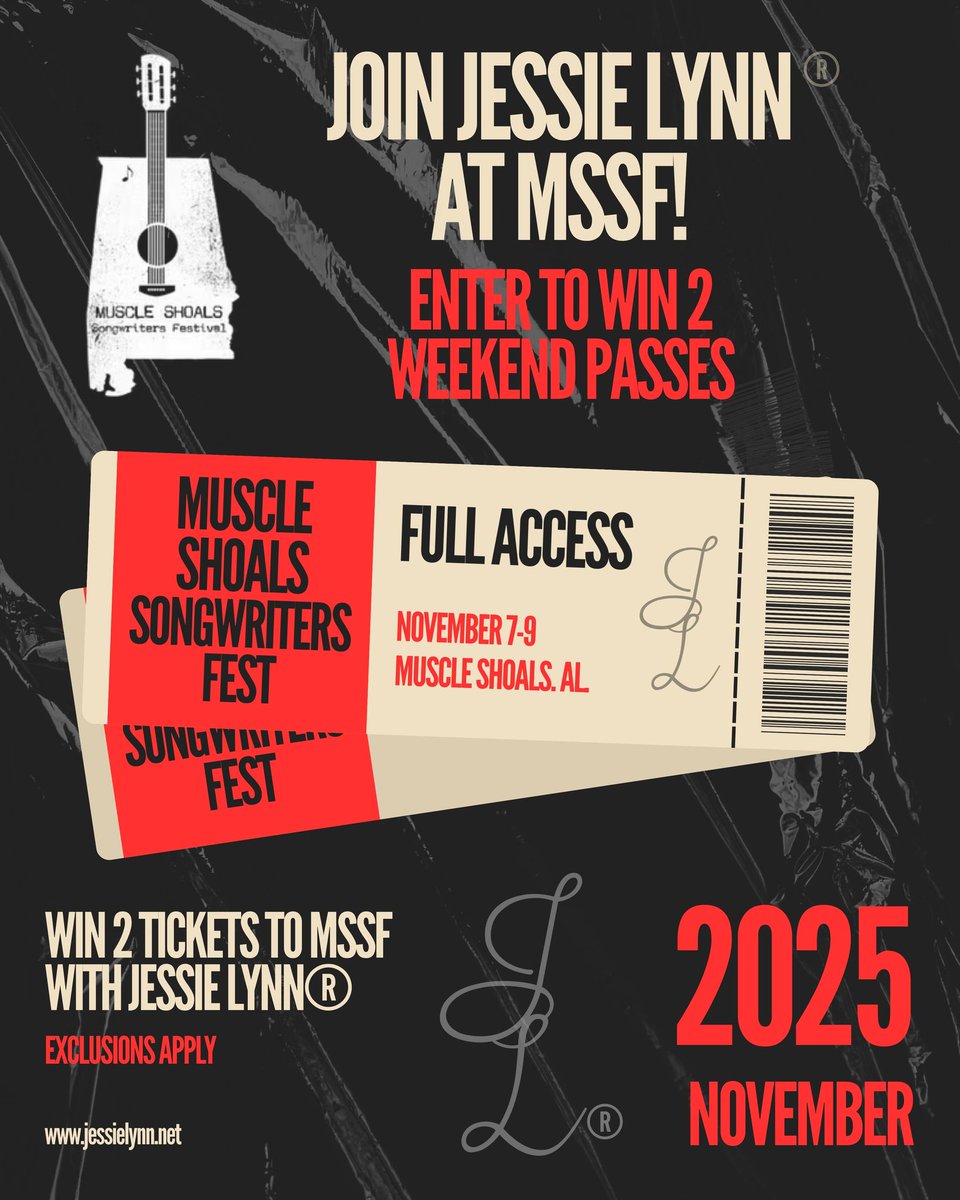 .<a href="/JessieLynnJL/">Jessie Lynn®</a> GIVEAWAY TIME! We’re giving away 2 FREE tickets to this year’s Muscle Shoals Songwriters Festival! Here’s how to enter: Like this post Tag a friend you’d bring to the show Follow Jessie Lynn and Muscle Shoals Songwriters Festival Share this post! If you commented