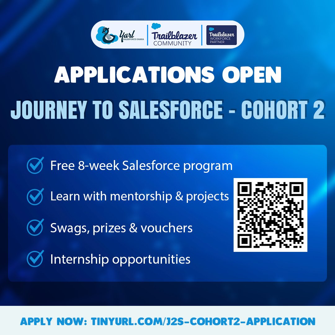 YarlSFO's tweet photo. 🚀 𝐀𝐩𝐩𝐥𝐢𝐜𝐚𝐭𝐢𝐨𝐧𝐬 𝐍𝐨𝐰 𝐎𝐩𝐞𝐧!

Ready to start your Salesforce learning journey? 🌟
Join Journey to Salesforce – Cohort 02, a free 8-week program designed to help you gain real-world skills, work on projects, and connect with mentors from the Trailblazer Community.

🎯 What’s in it for you:
✅ Mentorship & hands-on projects
✅ Swags, prizes & vouchers
✅ Internship opportunities for top performers

🔗 Apply now: https://t.co/I1IQEeIWU2

#YarlSFO #Journey2Salesforce #TrailblazerCommunity #Salesforce #CareerGrowth #CommunityExcellence