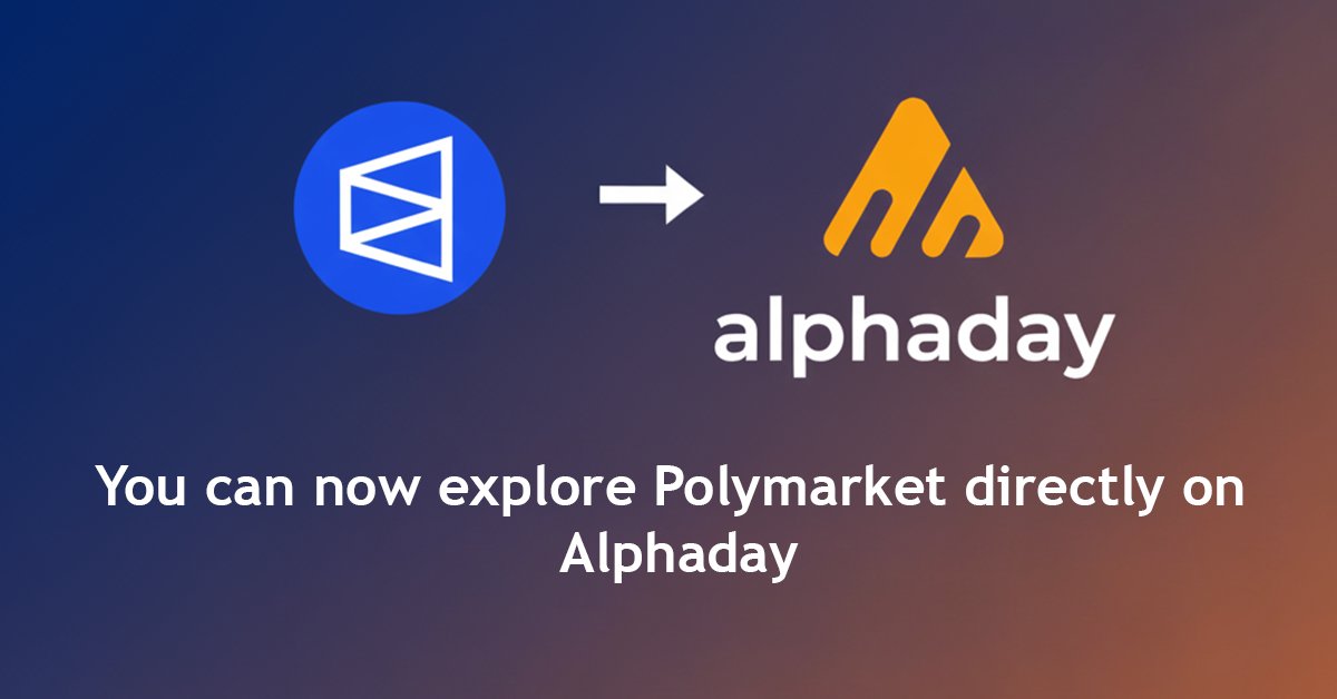 Alphaday - Crypto Dashboard (@alphadayhq) on Twitter photo New Integration Alert!
You can now explore <a href="/Polymarket/">Polymarket</a> directly on Alphaday
Stay ahead of the curve with:
๐น The most popular crypto prediction markets (by volume)
๐น Markets relevant to your favourite crypto project
๐น Curated Polymarket picks selected by the Alphaday team
No New Integration Alert!
You can now explore <a href="/Polymarket/">Polymarket</a> directly on Alphaday
Stay ahead of the curve with:
๐น The most popular crypto prediction markets (by volume)
๐น Markets relevant to your favourite crypto project
๐น Curated Polymarket picks selected by the Alphaday team
No