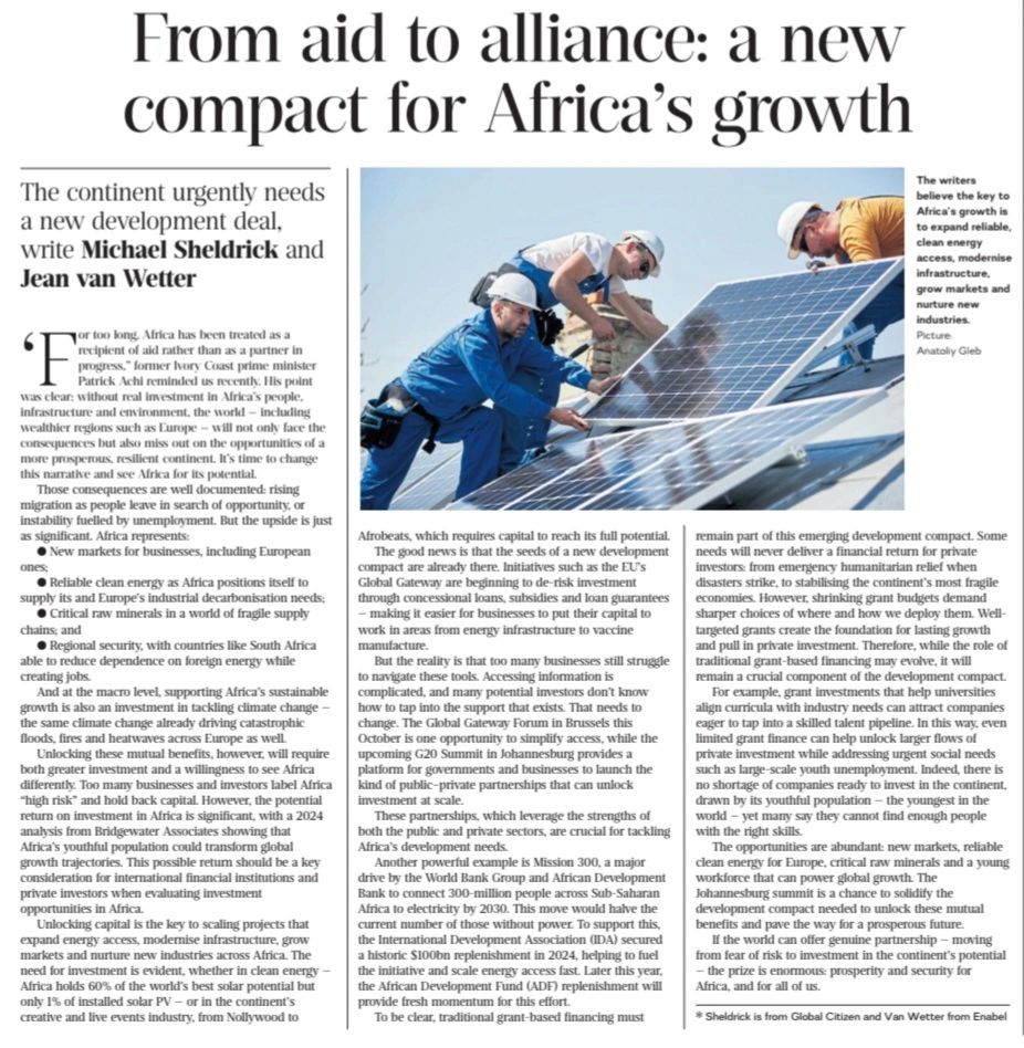 🌍 Africa must be seen not as a recipient of aid but as a partner in progress.
In last week's <a href="/SundayTimesZA/">Sunday Times</a>, our CEO <a href="/jeanvanwetter/">Jean Van Wetter</a> &amp; <a href="/micksheldrick/">Michael Sheldrick</a>, co-founder of <a href="/GlblCtzn/">Global Citizen ⭕</a>, advocate for a new partnership driven by investment, innovation, and confidence.
🤝 From aid to