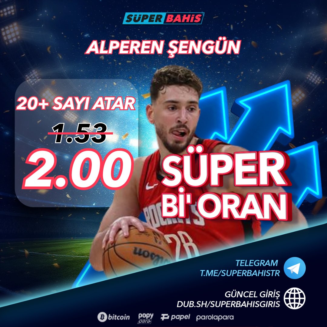 Milli gururumuz ALPEREN ŞENGÜN için Süper Bi' Oran 🇹🇷🏀 #NBA 

Houston Rockets v Brooklyn Nets

⭐️ Alperen Şengün 20+ Sayı Atar oranını 1.53 yerine 2.00 yaptık! 

Süperbahis Giriş - tinyurl.com/5n79xj9u