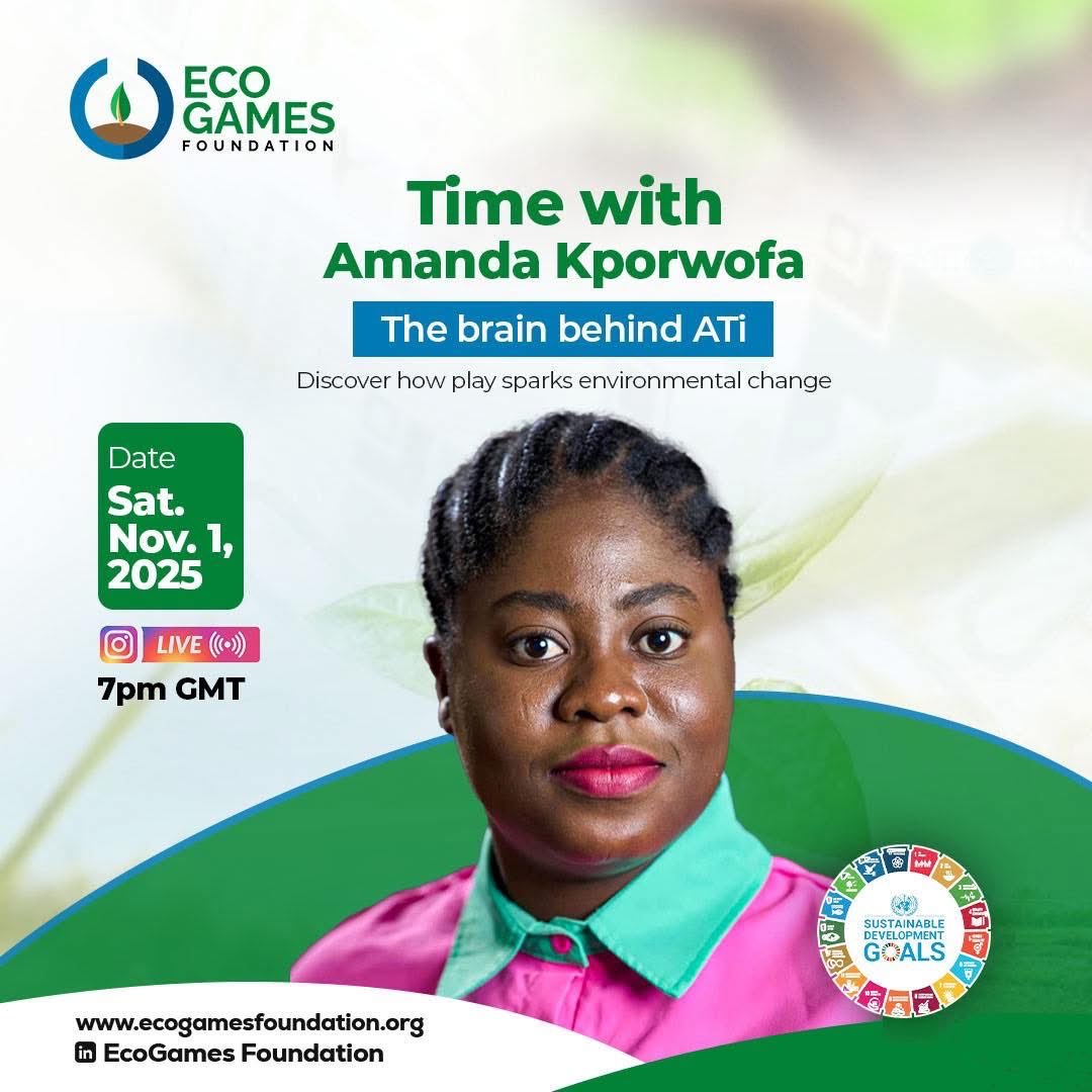 ecogamesfdn's tweet photo. Join @bigjiffs this Saturday as she shares how she turned her passion for the environment into an innovation to help fight deforestation and galamsey in Ghana https://t.co/Pr8SXUP16a