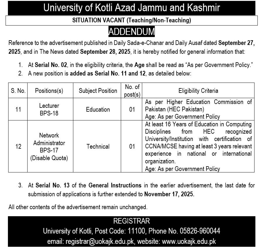 uokajk's tweet photo. 📢 𝐒𝐢𝐭𝐮𝐚𝐭𝐢𝐨𝐧𝐬 𝐕𝐚𝐜𝐚𝐧𝐭
Applications are invited for various positions.
🗓️ Last date to apply: 𝐍𝐨𝐯𝐞𝐦𝐛𝐞𝐫 𝟏𝟕, 𝟐𝟎𝟐𝟓 https://t.co/M6ZUMkee9c