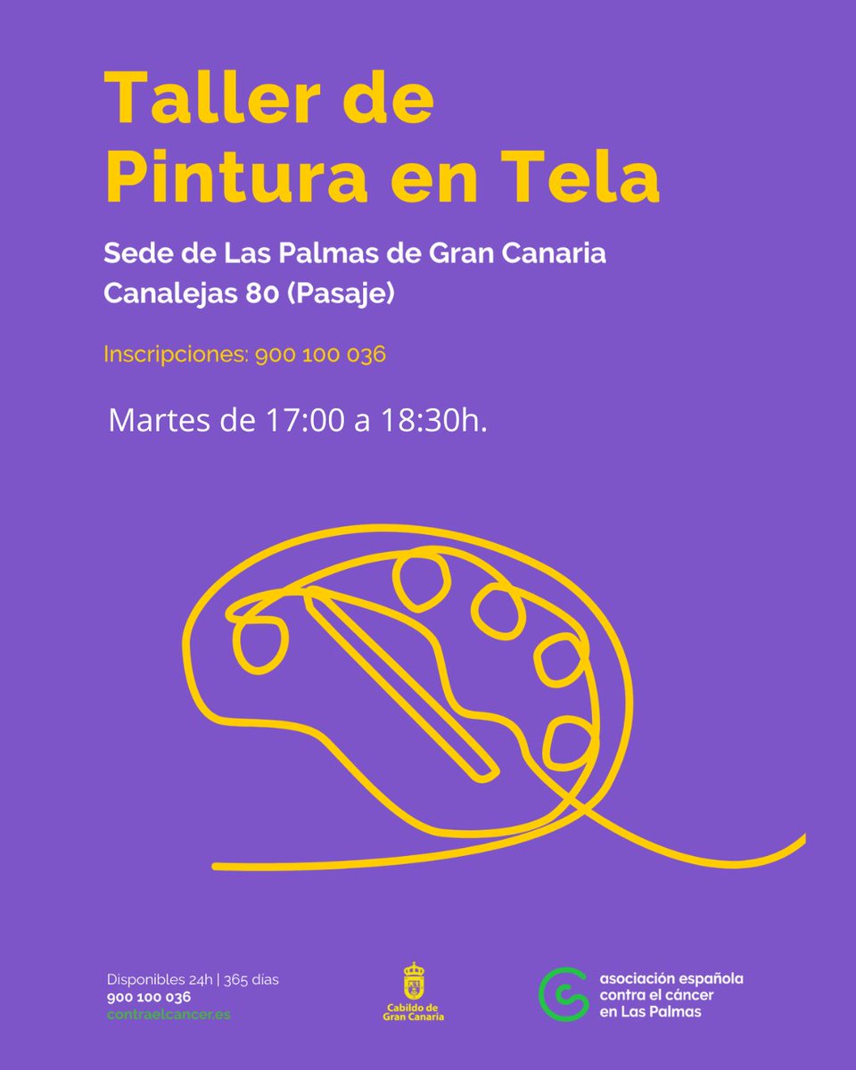 🖌️ Taller de Pintura en Tela
🗓 Todos los martes | 🕔 De 17:00 a 18:30 h
Una iniciativa de <a href="/ContraCancerEs/">Asociación Española Contra el Cáncer</a>, dirigida a pacientes de la Asociación. Este proyecto está subvencionado por el <a href="/GranCanariaCab/">Cabildo Gran Canaria</a>.
📞 Si estás interesado/a, puedes inscribirte llamando al 900 100 036.