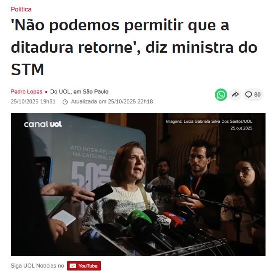 GeneralMourao's tweet image. Se a excelentíssima senhora ministra presidente do STM deseja participar e se manifestar politicamente, que se candidate nas eleições de 2026.

Dos magistrados, espera-se imparcialidade e que se manifestem nos autos dos processos.

#stm #justiça #imparcialidade #generalmourão…