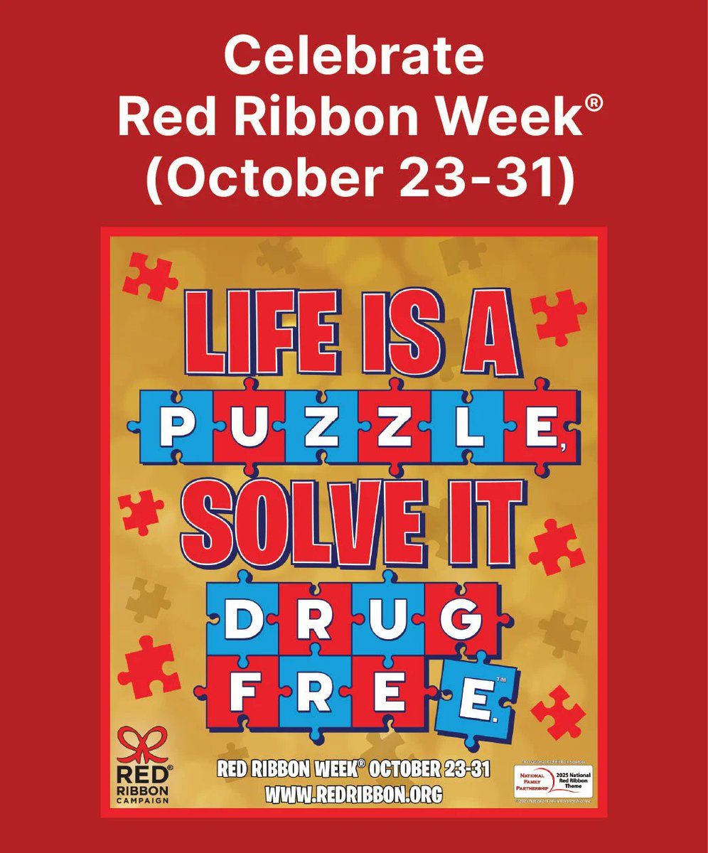 #RedRibbonWeek2025 theme is “Life Is A Puzzle, Solve It Drug Free™.” Think of life as a giant puzzle – each choice you make is a piece that fits into the bigger picture of your future. Start solving this puzzle – one healthy choice at a time! <a href="/NationalFamily_/">National Family Partnership</a>  <a href="/ElsikNGCRams/">Elsik Ninth Grade Center</a>