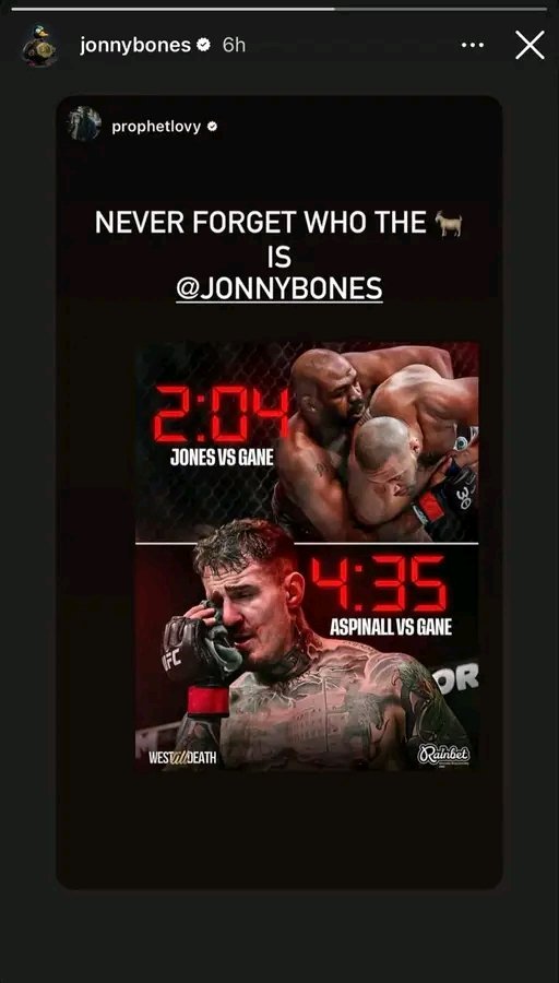 The Fight Fanatic π³π¬π₯ (@kem_maka) on Twitter photo Jon Jones just reposted a graphic comparing how fast he finished Ciryl Gane to how long Tom Aspinallβs fight lasted ππ₯ Jon Jones just reposted a graphic comparing how fast he finished Ciryl Gane to how long Tom Aspinallβs fight lasted ππ₯
