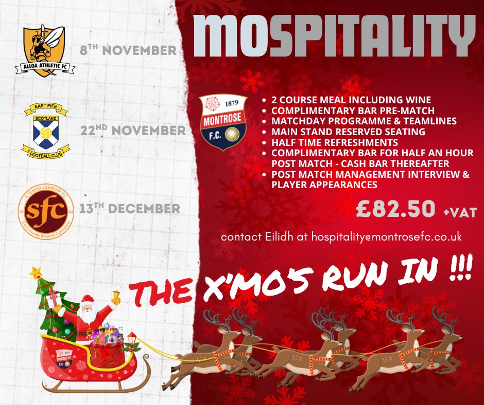 MontroseFC's tweet photo. PRE-XMAS HOSPITALITY

Having launched our Xmas jumpers on Sat, this is the perfect time to be planning your festive staff or team day out and we have only 3 home games left before the bearded bloke in the red suit does his rounds - so why not book today! https://t.co/7ov7yA4tPK