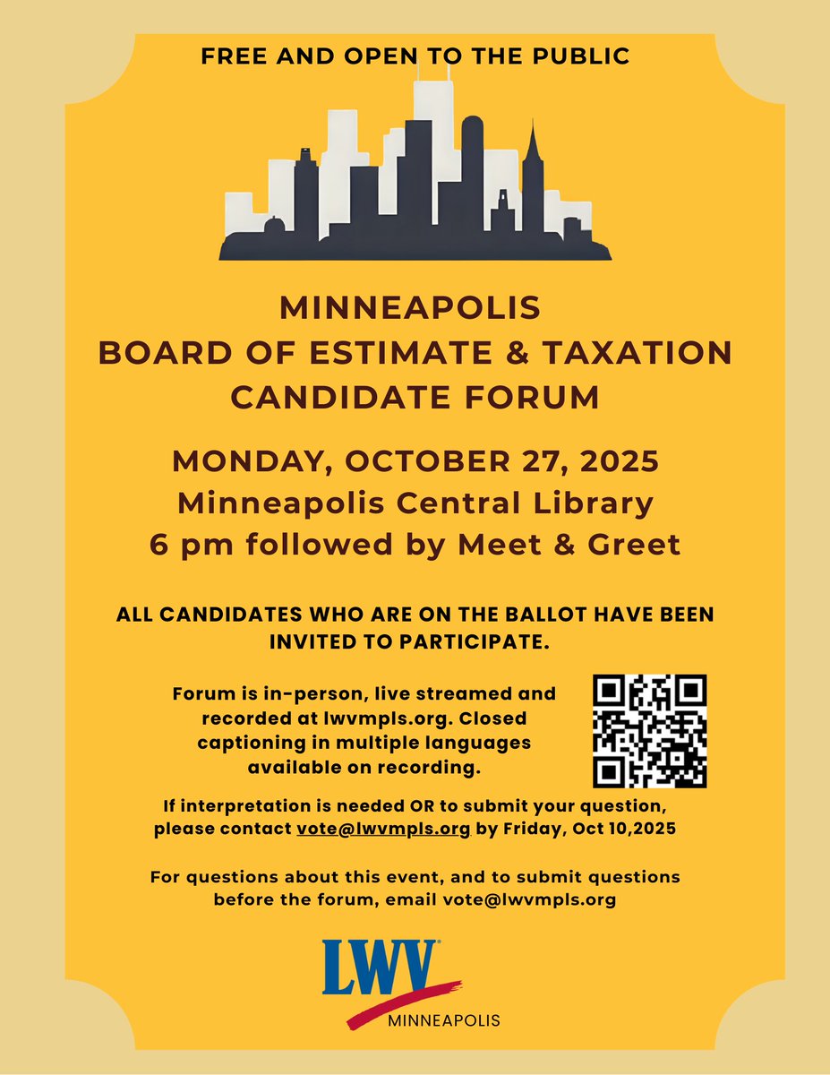 tonight: the league of women voters hosts a board of estimate and taxation forum at the downtown library, 6pm. candidates steve brandt, eric harris bernstein and bob fine are all invited to participate, with a meet and greet afterwards