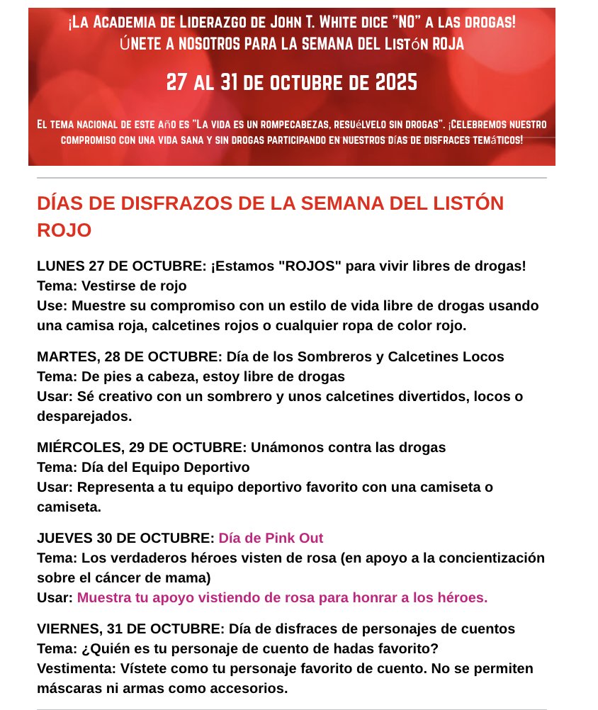 Get Ready for " RED RIBBON WEEK"

STARTS TOMORROW
October 27th-31st
Join us in celebrating Red Ribbon Week and say "NO TO DRUGS"!! 
All outfits must be school-appropriate and follow the school dress code.
For questions, contact the front office at 817-814-7900