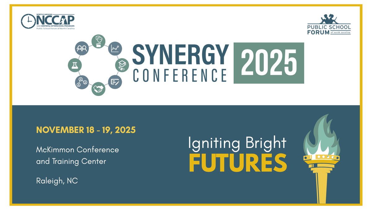 NC Center for Afterschool Programs (@ncafterschool) on Twitter photo This Fri., Oct. 31, is the last day to register at a discounted rate for #SynergyCon25! Join us Nov. 18 & 19 in Raleigh to have fun, connect, and learn with other afterschool, OST, and expanded learning professionals. ticketstripe.com/SynergyConfere… 
#IgnitingBrightFutures #SynergyCon This Fri., Oct. 31, is the last day to register at a discounted rate for #SynergyCon25! Join us Nov. 18 & 19 in Raleigh to have fun, connect, and learn with other afterschool, OST, and expanded learning professionals. ticketstripe.com/SynergyConfere… 
#IgnitingBrightFutures #SynergyCon