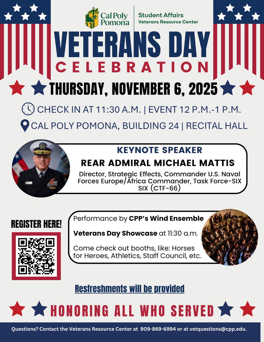 veterans_cpp's tweet image. Start the Veterans Day Celebration by joining the VRC team for breakfast burritos on Thursday, November 6, 2025, from 8:30am to 9:30am. 

Join us later for the celebration event at the Recital Hall (Bldg. 24) from 12pm to 1pm.

Scan the QR codes for more information.