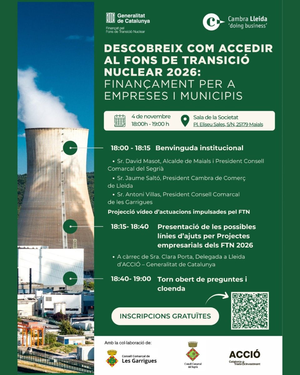 Ets empresari, autònom/a o emprenedor/a?
El Fons de Transició Nuclear 2026 obren noves oportunitats de finançament per projectes o actuacions, en municipis que pertanyen al Penta I i Penta II.
Vine el 4 de novembre a Maials i t’ho explicarem
Inscripcions a f.mtr.cool/ixqiuhwrwd