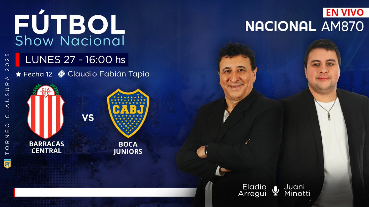 #FútbolShowNacional | ¡Partidazo en Barracas y lo vas a vivir por <a href="/NacionalAM870/">Radio Nacional AM 870</a> !⚽ 

Desde las 15 hs, transmitimos #BarracasCentral vs #Boca  en #AM870 📻

Relata <a href="/EladioArregui/">Eladio Arregui</a> comenta <a href="/JIMinotti/">Juan Ignacio Minotti</a> 
Vestuarios <a href="/Ferrgonzalez94/">Fer González</a> y <a href="/soykoli/">Kolimotor</a>
  
📻AM870
#TuRadio