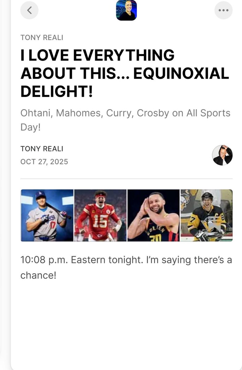 TonyReali's tweet photo. At 10:08 p.m. Eastern tonight there’s a chance we could witness the most equinoxial Sports Equinox ever: not just MLB, NFL, NHL and NBA games but possibly Ohtani, Mahomes, Crosby and Curry all playing in the same minute!
It’ll probably need the Penguins to push into overtime so Crosby can carry into Curry Time… maybe 830-9:15 and do it with  Wembanyama! 

https://t.co/01rc6NjC6t