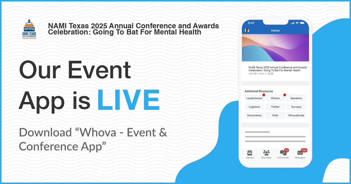 NAMITexas's tweet photo. The 2025 NAMI Texas Annual Conference is 3 days away! β¨π§ π
Attendees β donβt forget to download the event app to!
β‘οΈ Just search "Whova" in your app store and log in with your registration email.
π²: https://t.co/29nGHPDwRK
#Going2Bat4MH #MentalHealth https://t.co/v4Ai92SmpH