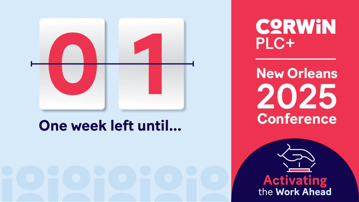 CorwinPress's tweet image. 🎉 There&apos;s just 1 week left until the Annual PLC+ Conference!
Who’s joining us to &quot;Activate the Work Ahead&quot;? Let’s harness the power of collaboration to transform student &amp;amp; teacher learning.

⏳ There&apos;s still time to register! ow.ly/Fqao50WLOtl

#PLC2025 #corwininstitutes