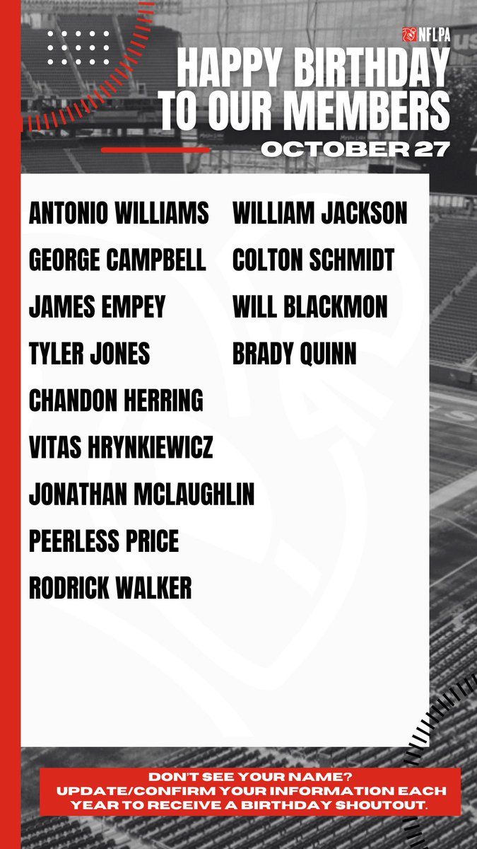 Happy Birthday -make it the best one yet! 
<a href="/A_B_Williams26/">Coach Tone</a>
@Georgecampbell0
@jempey66
<a href="/_5tres/">Tyler Jones</a>
@chandonherring
<a href="/VHrynkiewicz/">Vitas Hrynkiewicz</a>
@Jglock1993
@williamjackson3
<a href="/Brady_Quinn/">Brady Quinn</a>
<a href="/PeerlessTheVol/">Peerless Price</a>
<a href="/sirrod3/">Rodrick Walker</a>