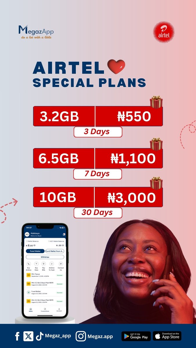 Megaz_app's tweet image. 🔥 New Airtel Special Data Offers! 🔥

No more excuses. Data just got cheaper 😍

💥 3.2GB — ₦550 (3 Days)
💥 6.5GB — ₦1,100 (7 Days)
💥 10GB — ₦3,000 (30 Days)

Stream. Chat. Chill. Repeat 🔁
Only on MegazApp 🔥

#MegazApp #AirtelDataDeal #DataPlug #CheapData #StayOnline ❤️💨