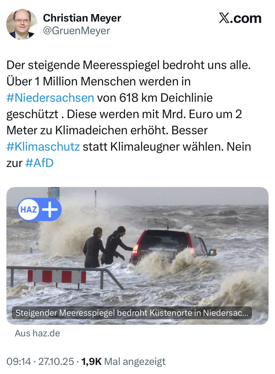 „Bis 2100 ist ein realistischer Anstieg von 0,5–1,9 m wahrscheinlich, je nach Emissionsszenario.“ (Grok) Meyer im Endstadium? Nimm weniger, Junge.