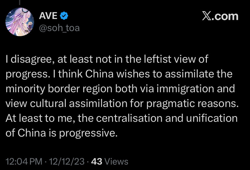 &gt;Sabahan
&gt;Announcing support for China invasion on Malaysian territories 
&gt;Condemn native rights affirmative action &amp; reject assimilation in Malaysia with refusing Malay language but supports China assimilation policies towards minorities in China as “progressive” 🥱

Hypocrite