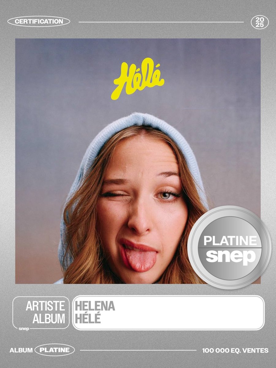 snep's tweet photo. L’album « Hélé » d’Helena est certifié Platine ! 💿

100 000 équivalents ventes 📈

Bravo ! 👏 https://t.co/JeHIKyQefZ