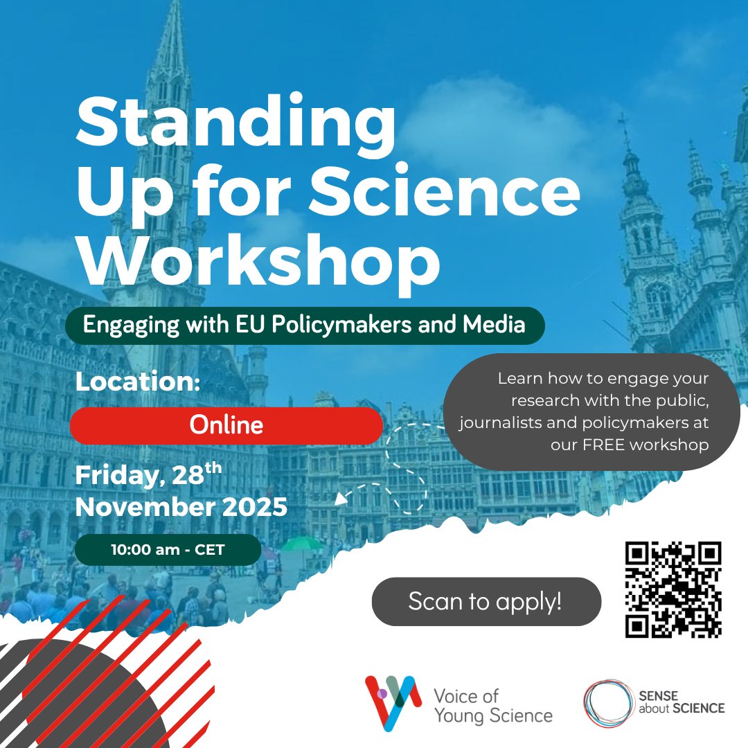 🌟Join us for our next Standing up for Science online workshop on Nov 28, focused on engaging with EU policymakers and media! Meet other early career researchers &amp; speak with our panel of experts about effectively communicating your research 📌Apply here: senseaboutscience.org/voys/workshops/