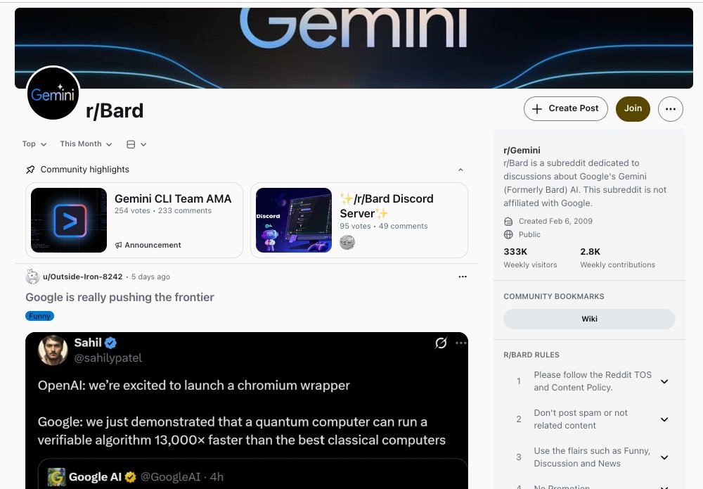 osanseviero's tweet image. The unofficial Gemini community subreddit (r/Gemini) has so many cool discussions about Gemini and tools 🤯So many people building and sharing about Gemini 
reddit.com/r/bard/