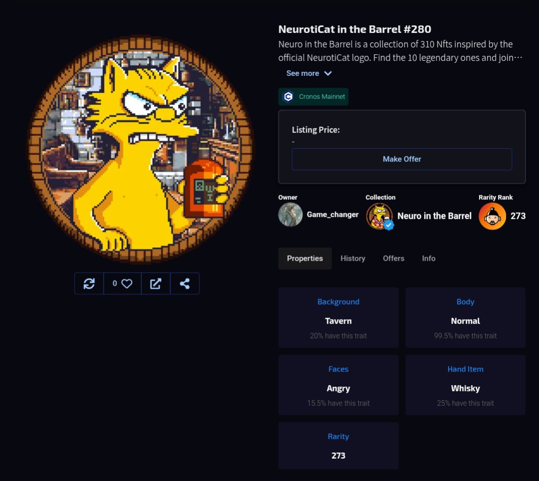 We've just reached our 272th NFT sold! Total minted 87%!
Thanks for purchasing! 
Rarity rank: 273!🔥

app.ebisusbay.com/drops/neuro-in…

1️⃣I remind you that you can join our Discord and receive #Rewards based on the NFTs and our $NEURO token you hold!!

discord.gg/neuroticat

2️⃣Also