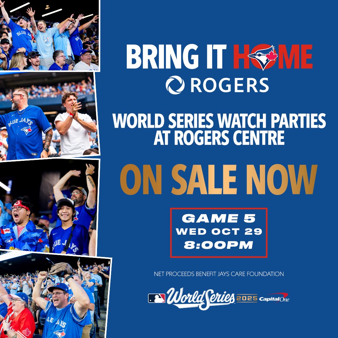 BlueJays's tweet photo. Tickets for #WorldSeries Game 5 @Rogers Watch Party at Rogers Centre are on sale now! #WANTITALL 

🎟️ https://t.co/O0WbNDDKj5 https://t.co/60ZfdTp4ZG