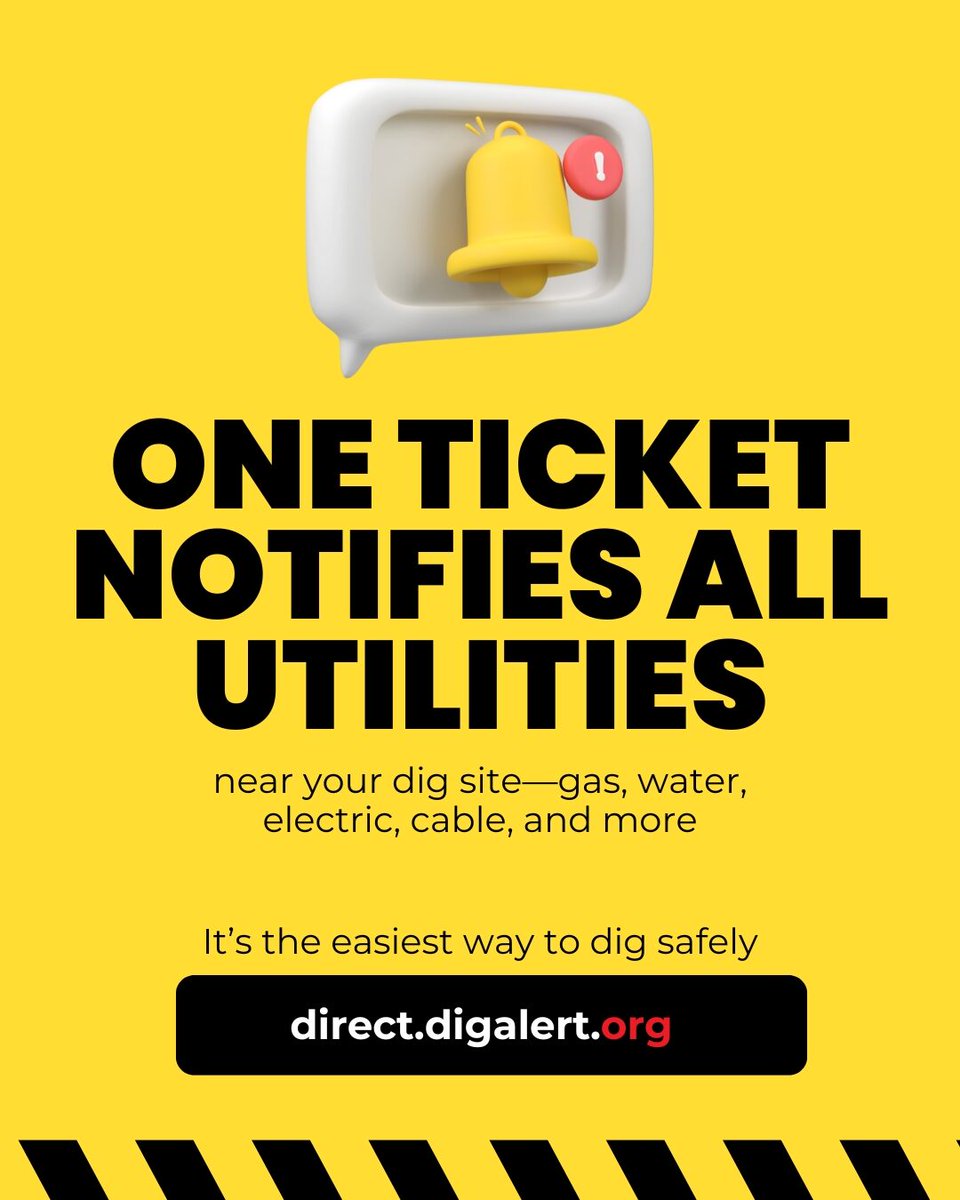DigAlert's tweet image. Behind the Scenes
One ticket notifies ALL utilities near your dig site—gas, water, electric, cable, and more.
It’s the easiest way to dig safely: direct.digalert.org
#UndergroundAwareness #SafeDigging #ContactDigAlert