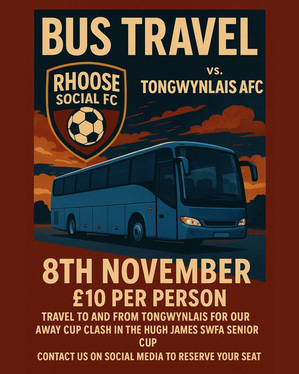 🚌 Bus Travel – Cup Day! 🏆
We’re heading to Tongwynlais AFC for our Hugh James SWFA Senior Cup clash — and we want you with us!
📅 8th Nov | 💷 £10 per person
🚍 Travel to &amp; from Tongwynlais
Friends, family &amp; sponsors all welcome 💛💙
Seats are limited — DM us to book your spot!