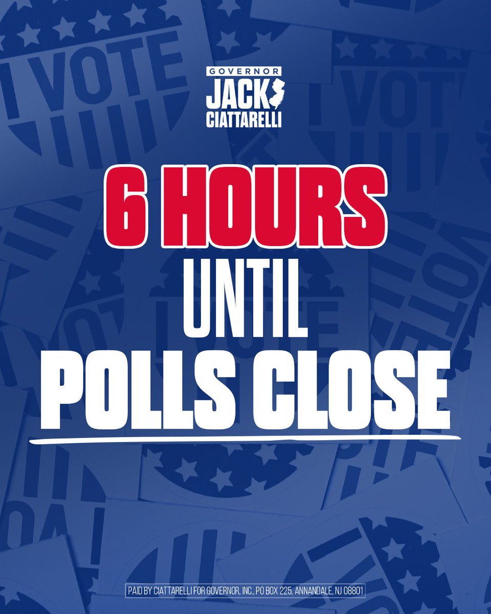 🚨6 HOURS UNTIL POLLS CLOSE🚨

Get out and VOTE to turn New Jersey RED!