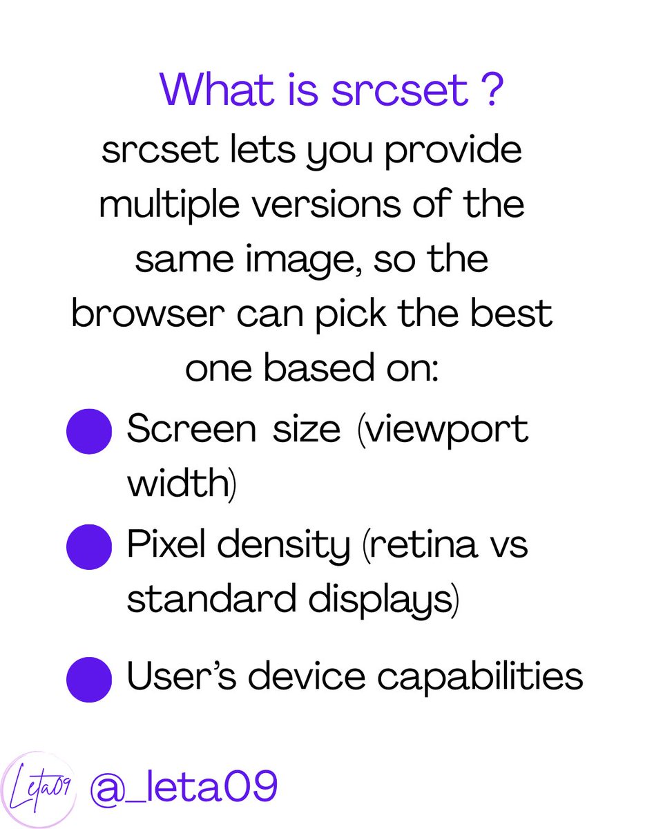 _leta09's tweet image. HTML img srcset attribute. 
#HTML #HTMLCSS #LearnToCode #Frontend #WebDevelopment #WebDeveloper #WebDev #WebDesign #Tech #CodeCommunity #100DaysOfCode