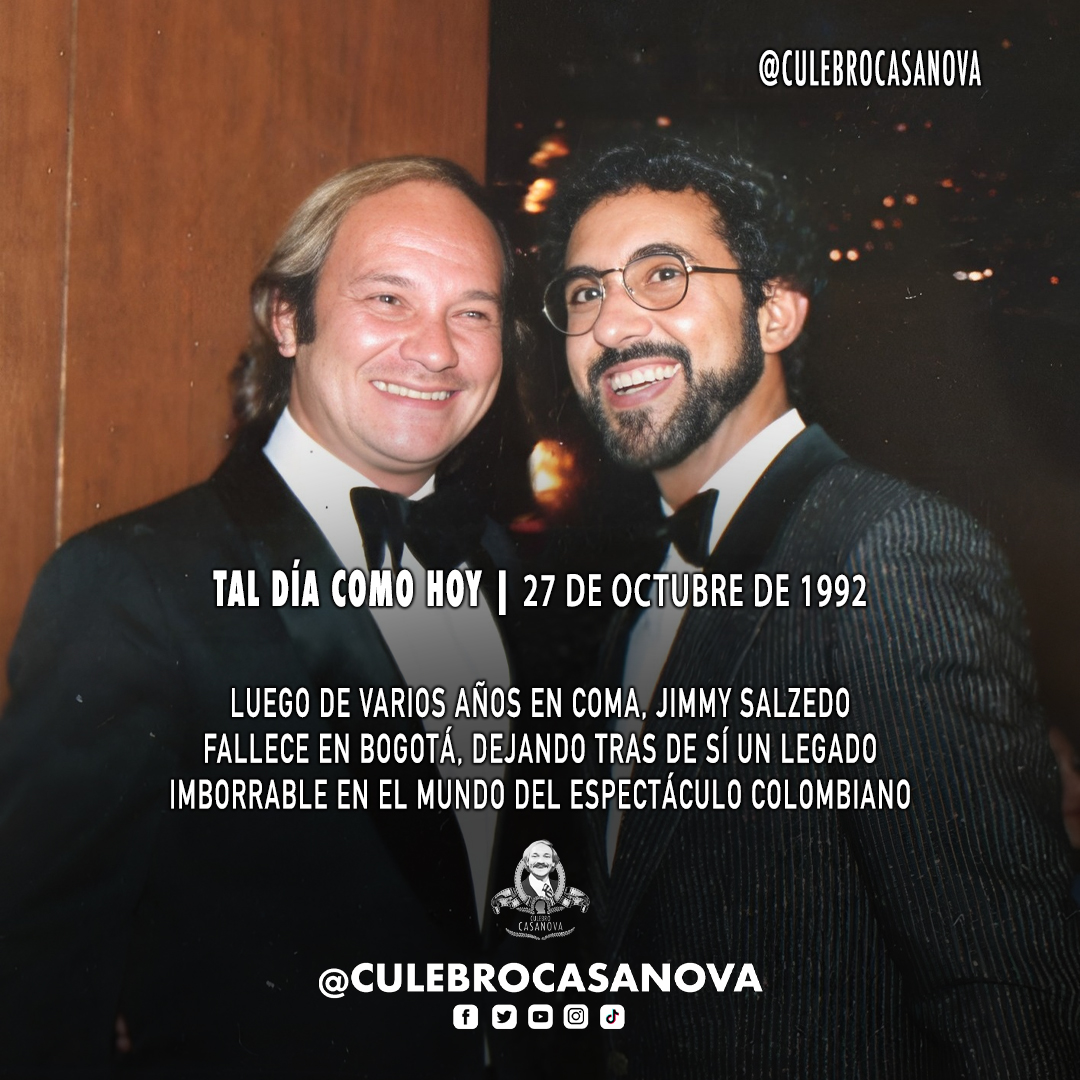 📷 TAL DÍA COMO HOY | 27 DE OCTUBRE DE 1992
Luego de varios años en coma, Jimmy Salzedo falleció en Bogotá, dejando tras de sí un legado imborrable en el mundo del espectáculo en Colombia. 📷
