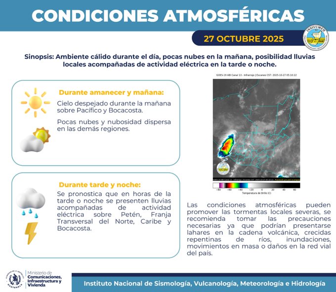 Infographic titled Condiciones Atmosfericas dated 27 Octubre 2025 from Insivumeh showing synopsis of warm daytime weather with few morning clouds and possible local rains with electrical activity in afternoon or night. Upper section depicts clear sunny morning with low cloud cover over Pacific. Middle section illustrates afternoon scattered and broken clouds with electrical activity over central regions. Lower section shows evening widespread cloud cover with rain over Peten, Franja Transversal del Norte, Caribe, and Bocacosta areas. Color-coded weather map highlights rain probabilities and volcanic ash potential in red zones. Logos of government institutions at bottom.