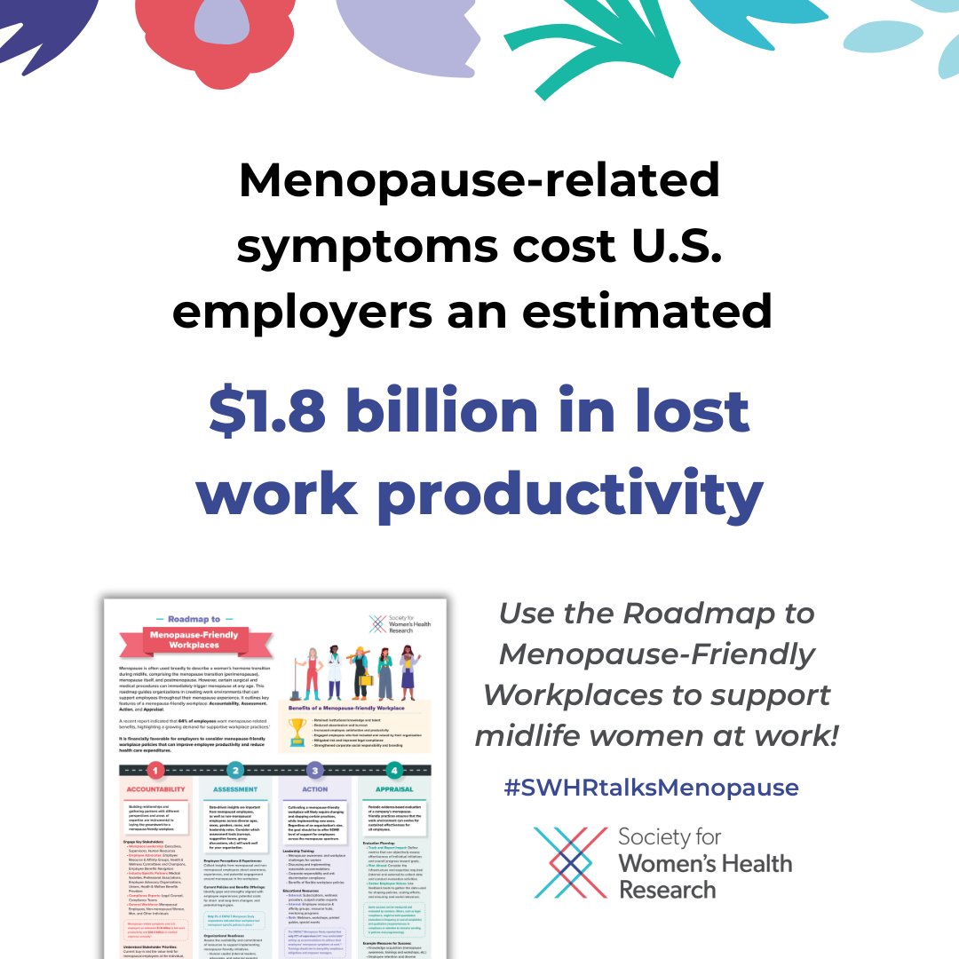 SWHR's tweet photo. #MenopauseMonday Menopause-related symptoms cost U.S. employers an estimated $1.8 billion in lost work productivity.

Follow the Roadmap to Menopause-Friendly Workplaces to best support midlife women at work: https://t.co/G6pXrVcNJW 
#MenopauseAwarenessMonth #SWHRtalksMenopause https://t.co/dXqiPO3NlD
