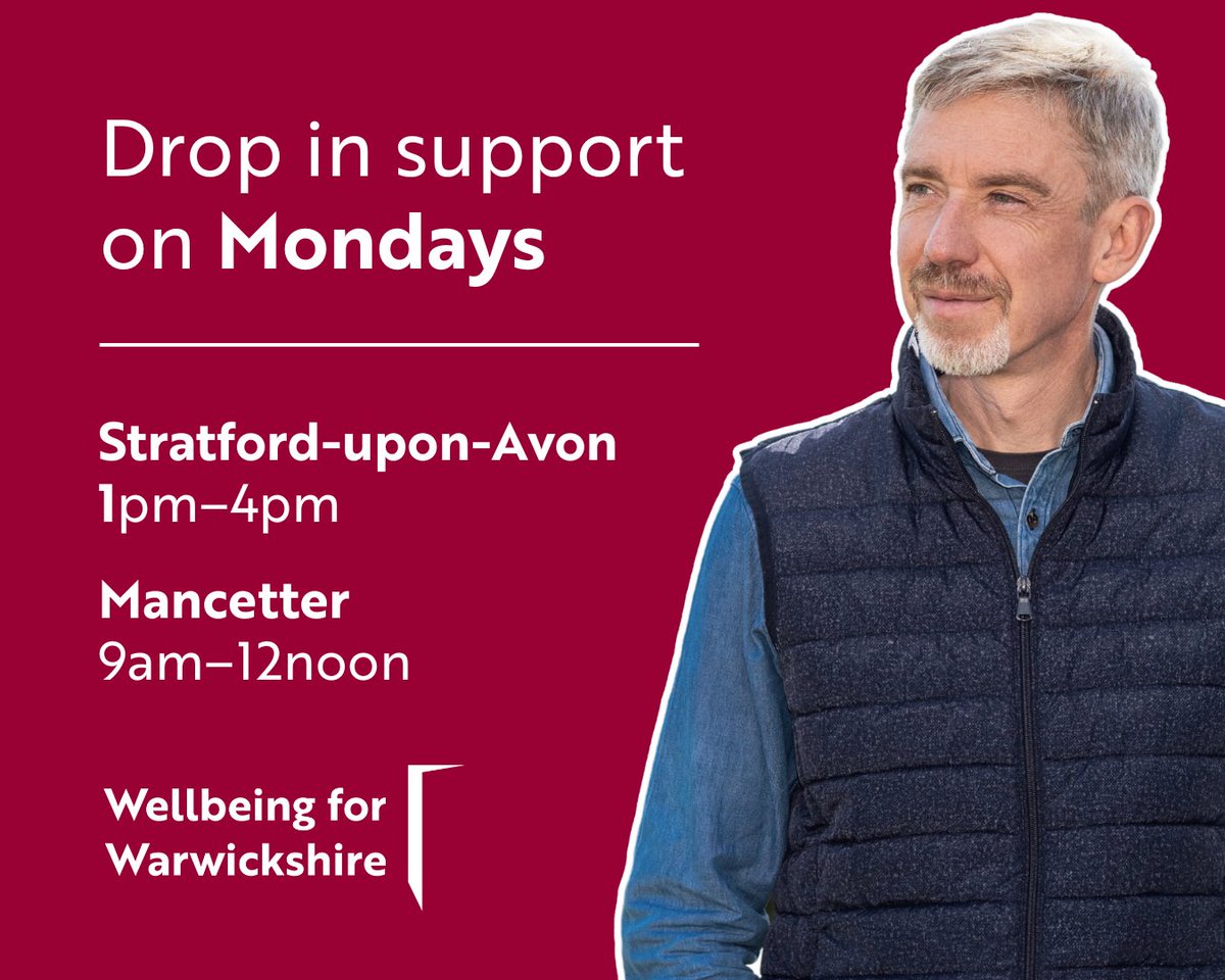 Mental health support at our drop-in hubs on Mondays: 

1pm–4pm: Stratford-upon-Avon; 9am–12noon: Mancetter

No appointment necessary. Click the link for full address details: bit.ly/3qkzi7K