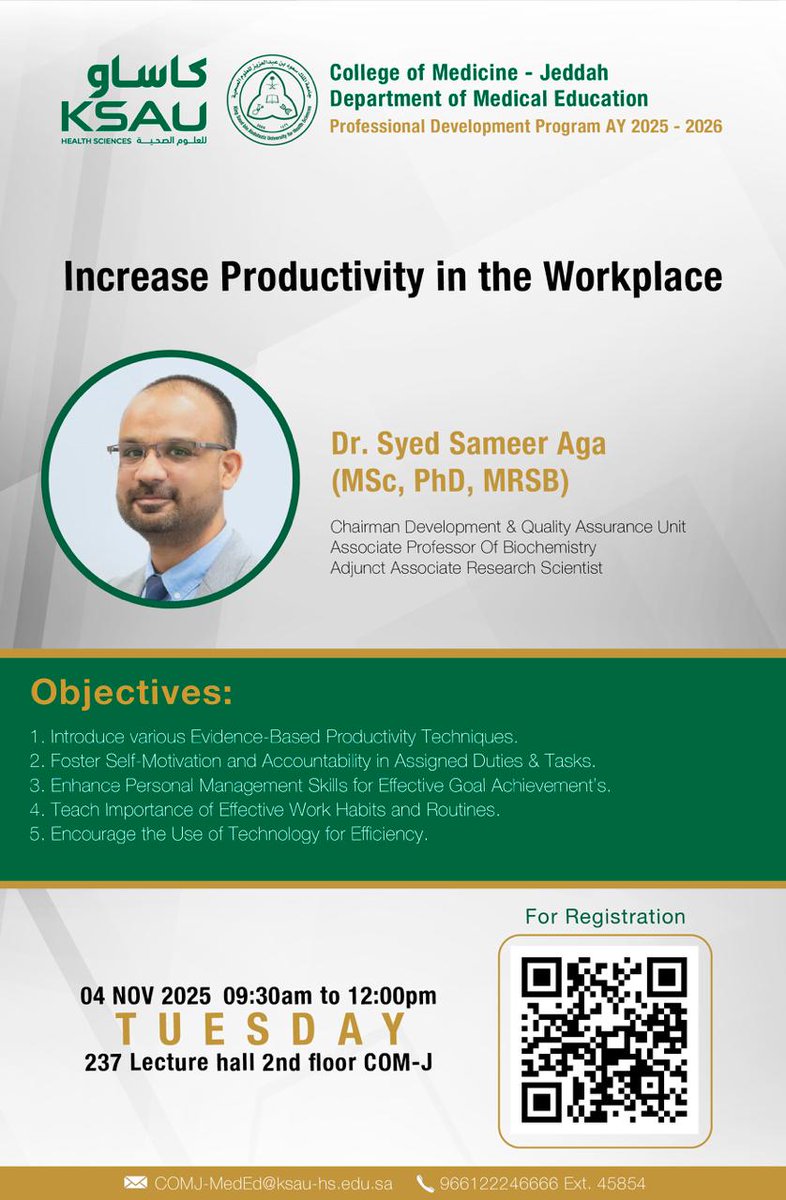 Sameer61105039's tweet image. The Faculty Enhancement Unit, Department of Medical Education, College of Medicine – Jeddah, is delighted to announce the upcoming workshop titled: Increase Productivity in the Workplace Workshop on 04 Nov 2025.

#workshop #productivity #smartwork #kaizen #pomodoro #motivation