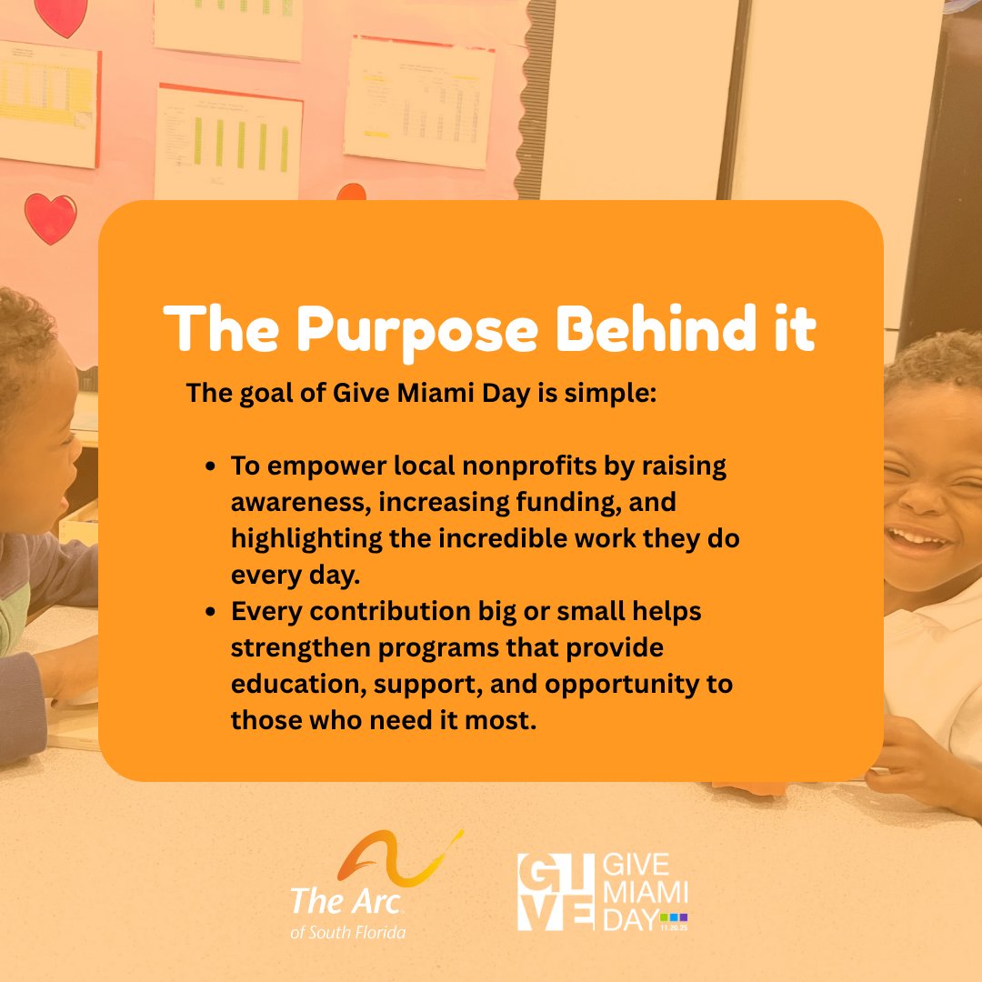 ARCSouthFlorida's tweet photo. 🌟 What Is Give Miami Day?

On November 20, 2025, thousands of people will come together to support local nonprofits like The Arc of South Florida, helping us continue to provide education, job training, and family support for children and adults with disabilities. https://t.co/GRm7eNUZGg
