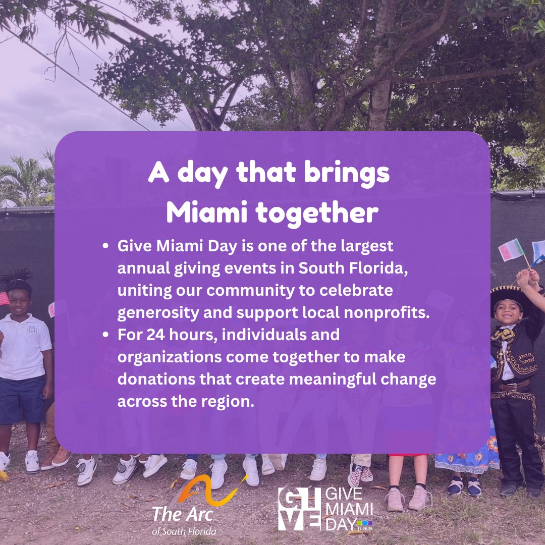ARCSouthFlorida's tweet photo. 🌟 What Is Give Miami Day?

On November 20, 2025, thousands of people will come together to support local nonprofits like The Arc of South Florida, helping us continue to provide education, job training, and family support for children and adults with disabilities. https://t.co/GRm7eNUZGg